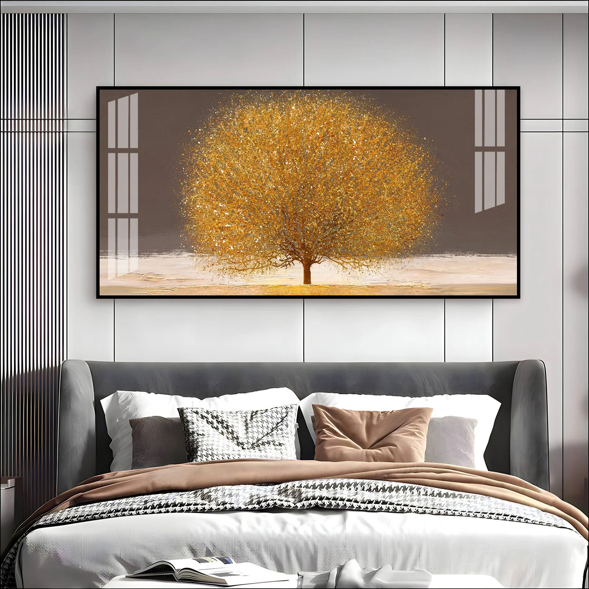 Modern Golden Tree Acrylic Wall Art Canvas With Elegant Nature And Luxury Finish