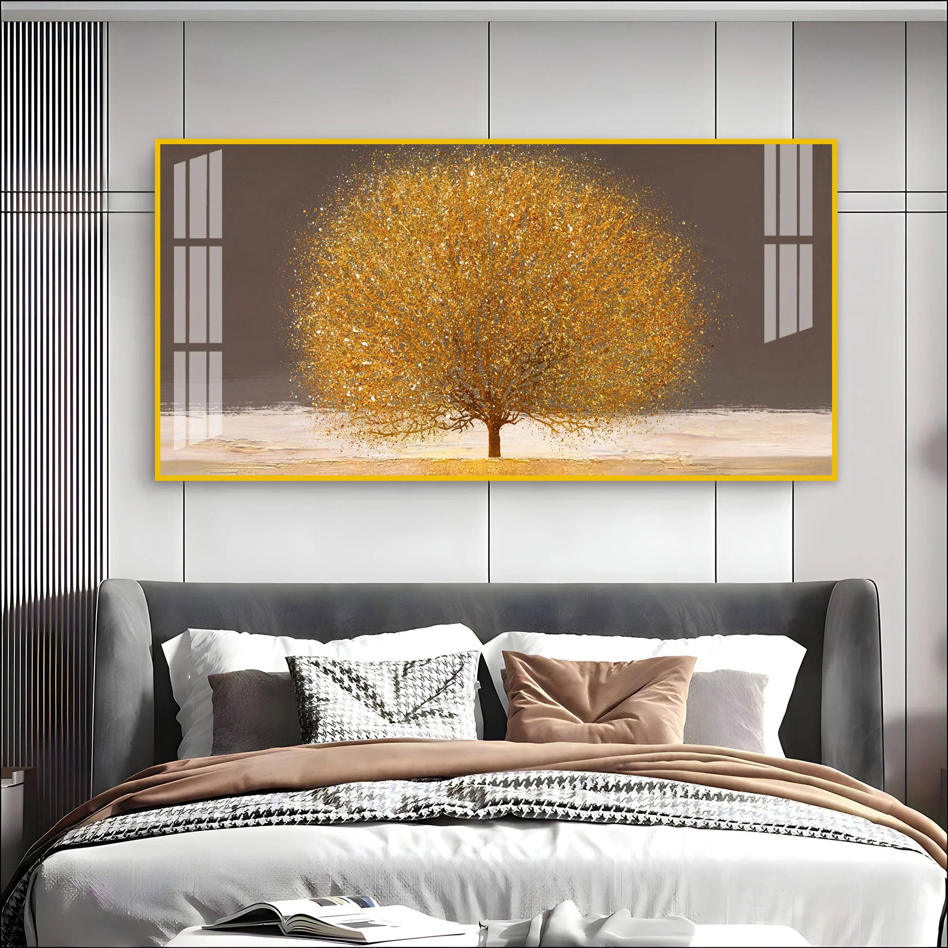 Modern Golden Tree Acrylic Wall Art Canvas With Elegant Nature And Luxury Finish