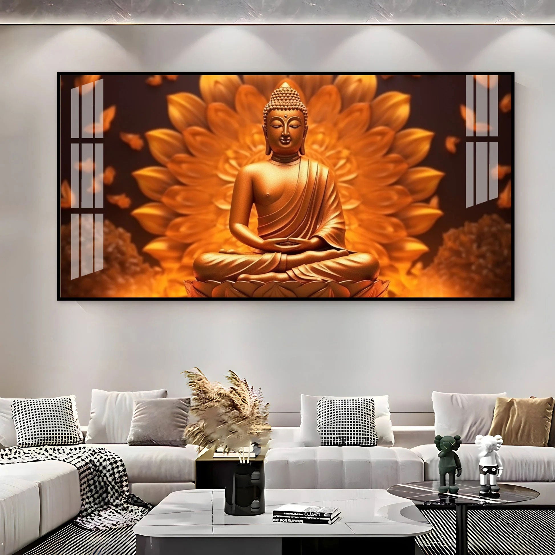 Elegant Buddha Acrylic Wall Art Canvas With Golden Lotus And Spiritual Meditation Design