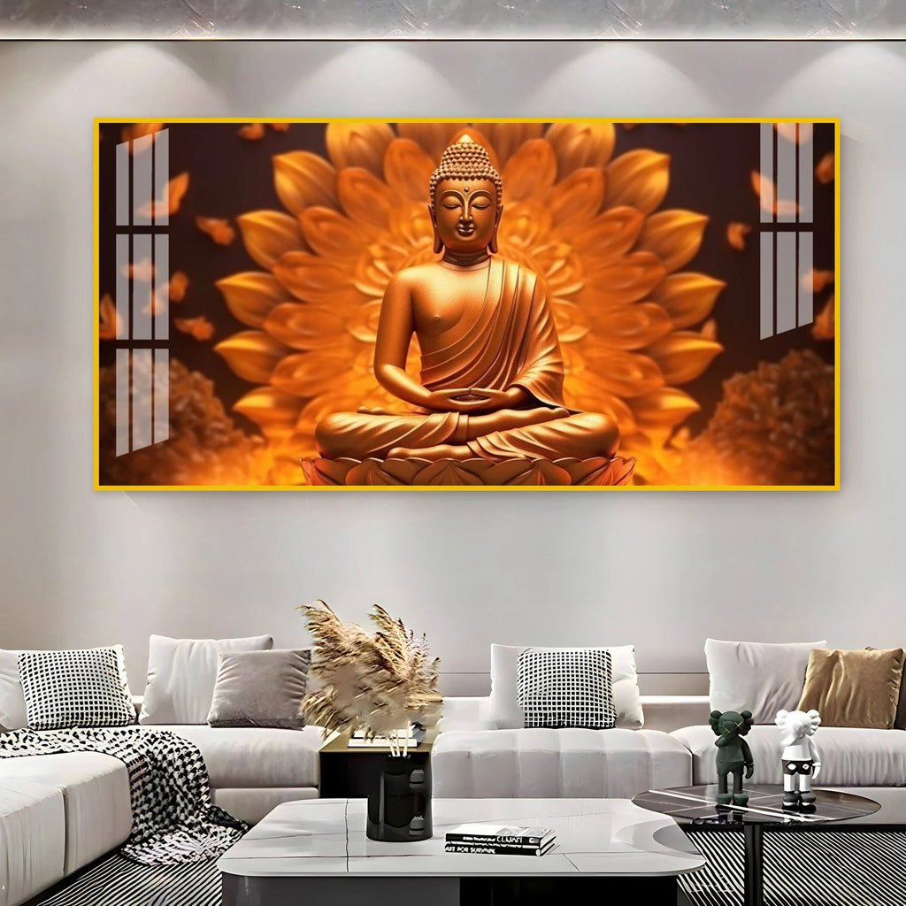 Elegant Buddha Acrylic Wall Art Canvas With Golden Lotus And Spiritual Meditation Design