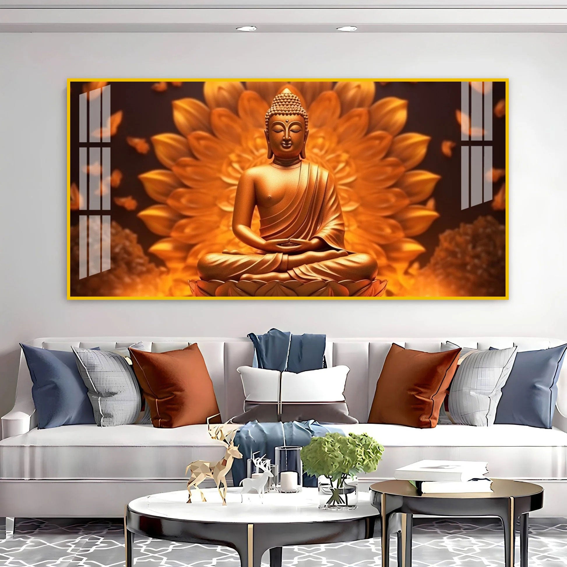 Elegant Buddha Acrylic Wall Art Canvas With Golden Lotus And Spiritual Meditation Design