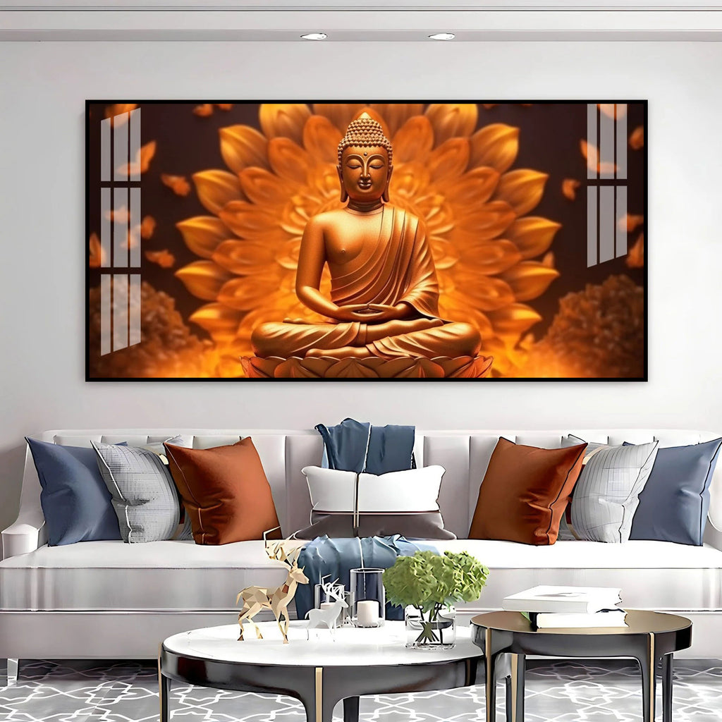 Elegant Buddha Acrylic Wall Art Canvas With Golden Lotus And Spiritual Meditation Design