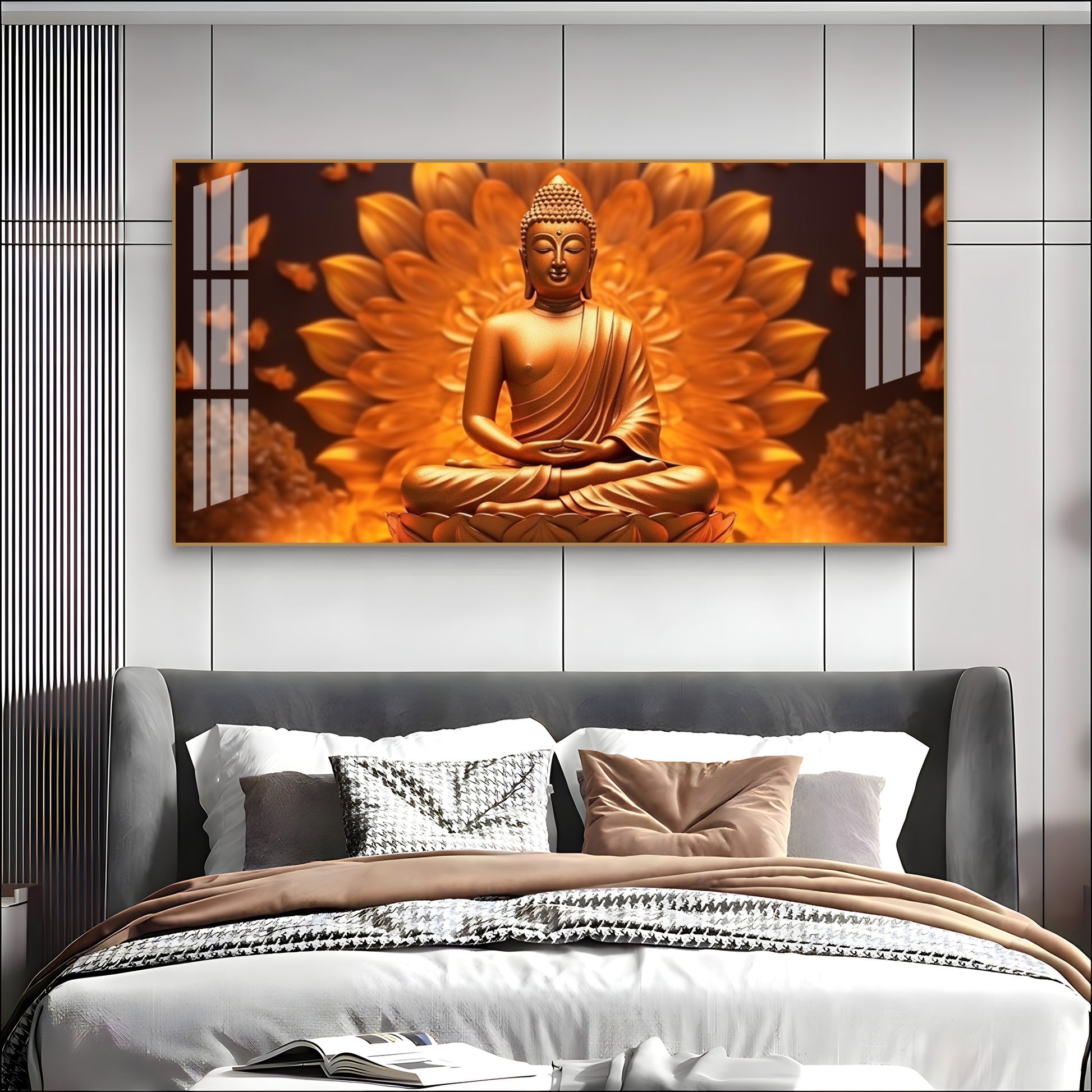 Elegant Buddha Acrylic Wall Art Canvas With Golden Lotus And Spiritual Meditation Design