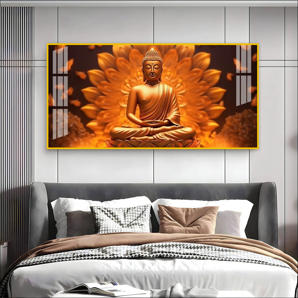 Elegant Buddha Acrylic Wall Art Canvas With Golden Lotus And Spiritual Meditation Design