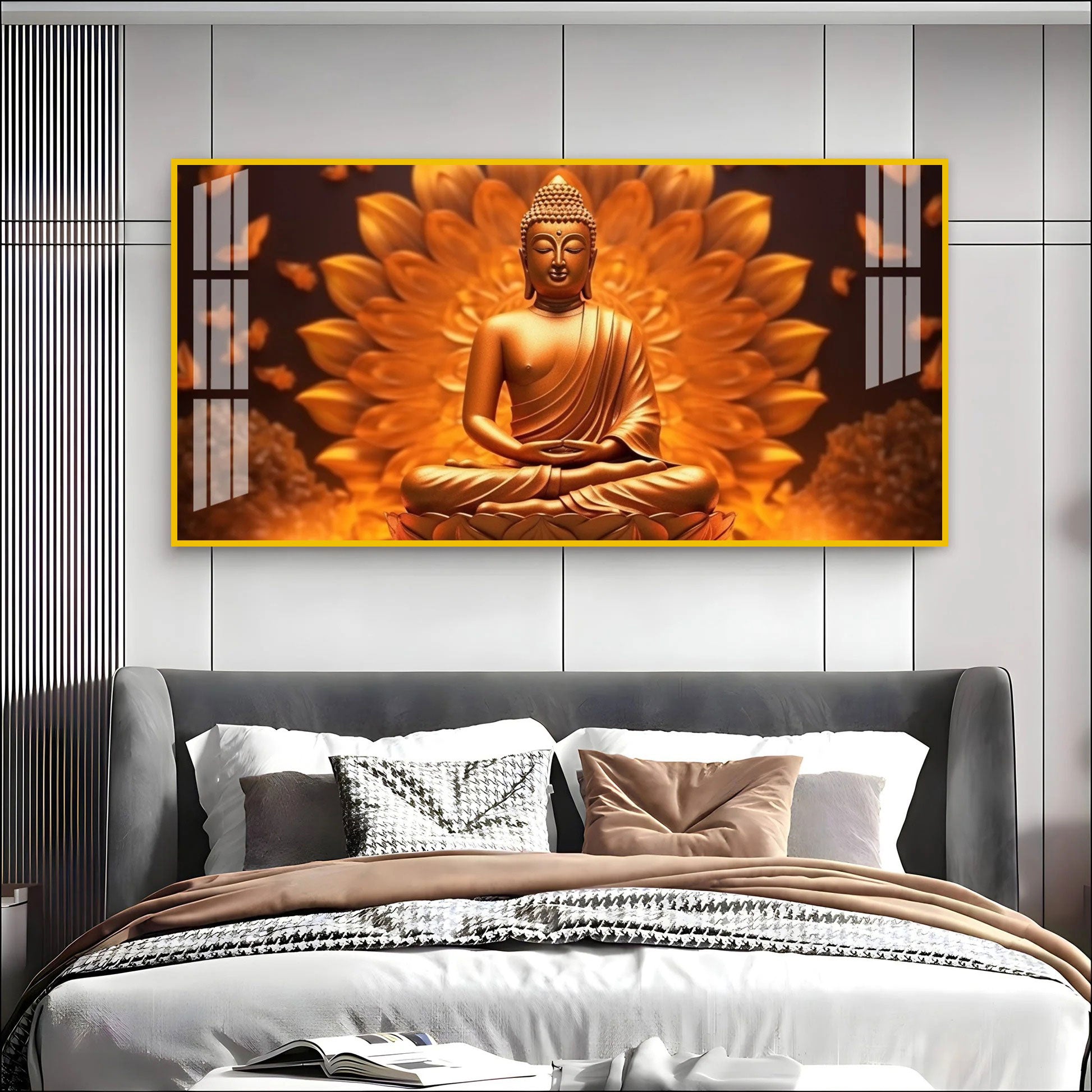 Elegant Buddha Acrylic Wall Art Canvas With Golden Lotus And Spiritual Meditation Design