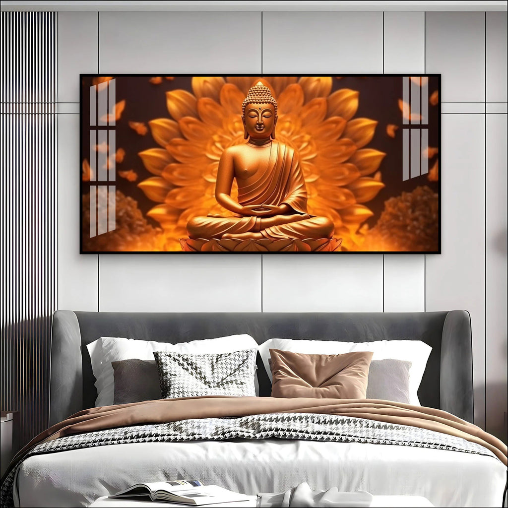 Elegant Buddha Acrylic Wall Art Canvas With Golden Lotus And Spiritual Meditation Design