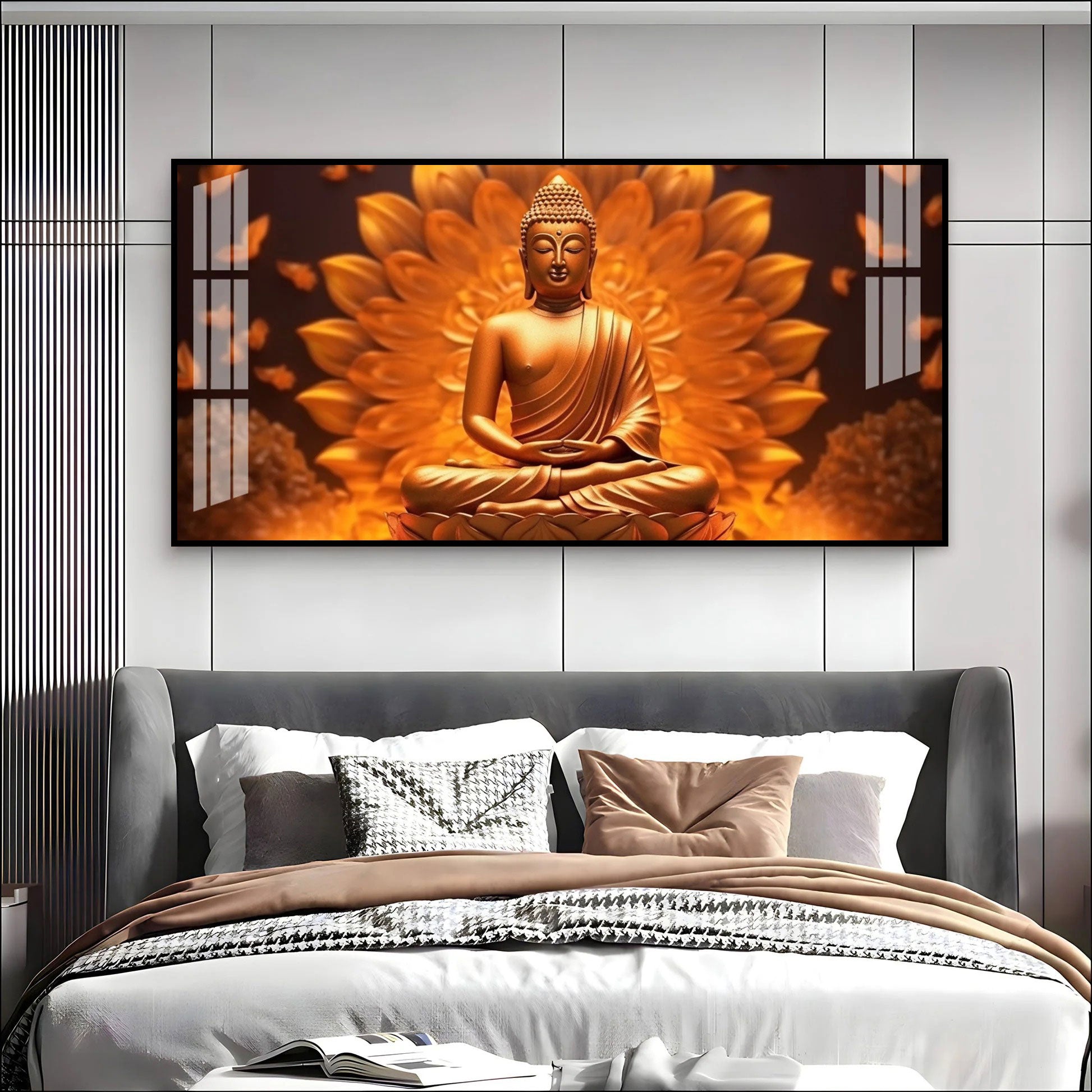 Elegant Buddha Acrylic Wall Art Canvas With Golden Lotus And Spiritual Meditation Design