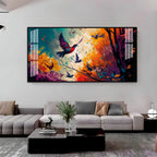 Modern Abstract Birds Acrylic Wall Painting Canvas With Forest And Color Splash Design