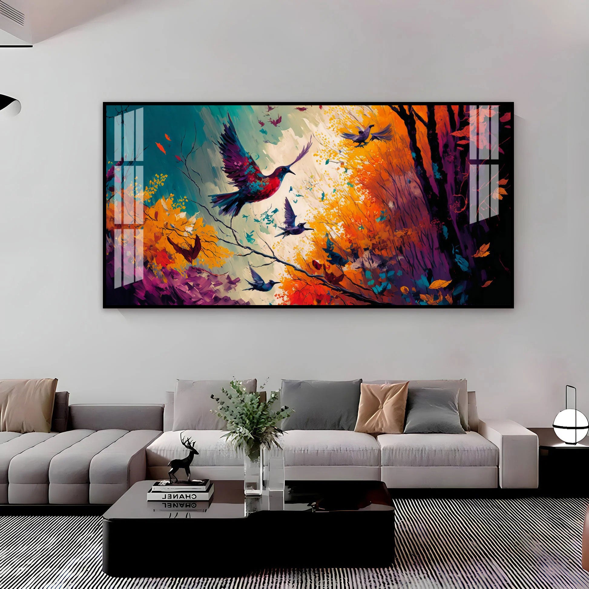 Modern Abstract Birds Acrylic Wall Painting Canvas With Forest And Color Splash Design