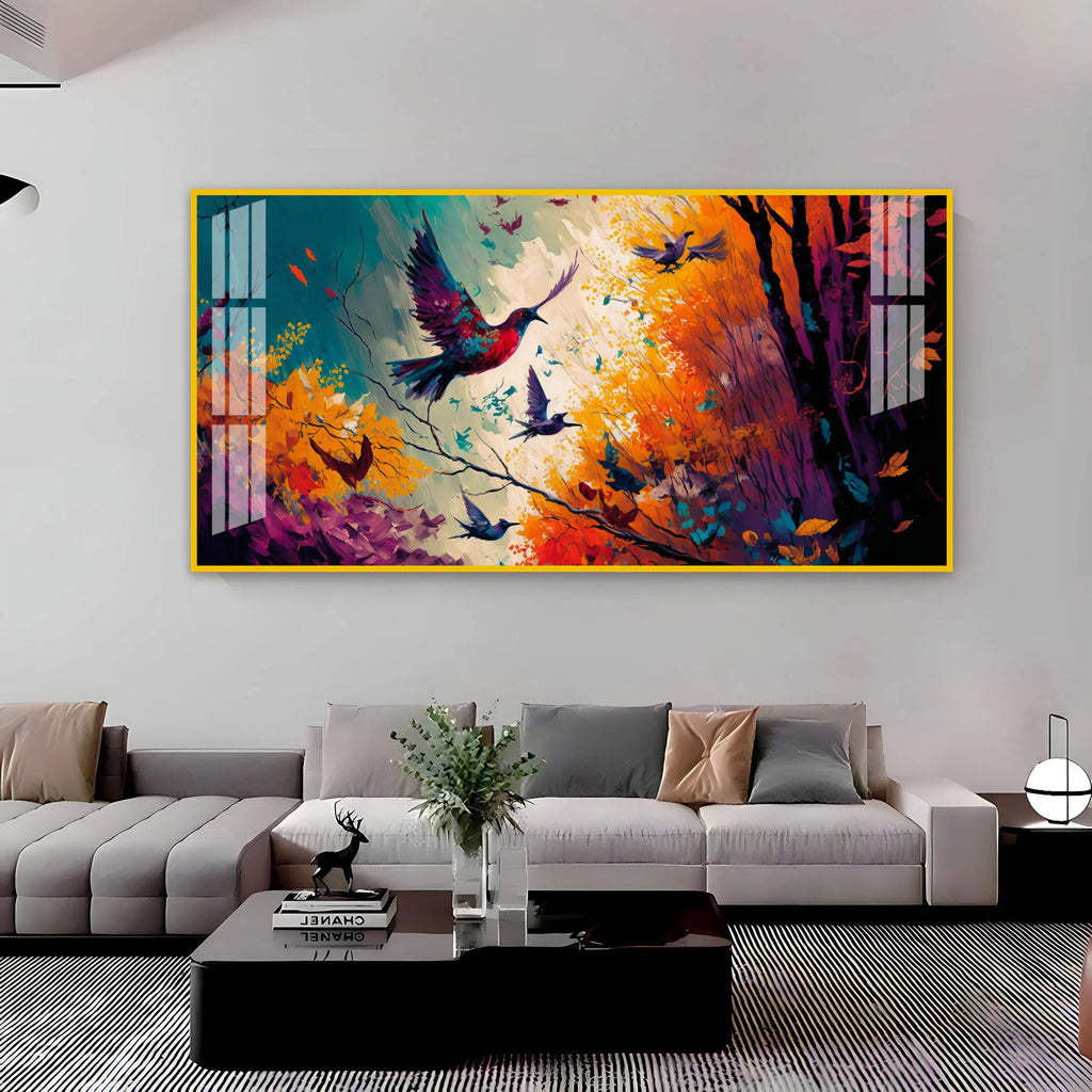 Modern Abstract Birds Acrylic Wall Painting Canvas With Forest And Color Splash Design