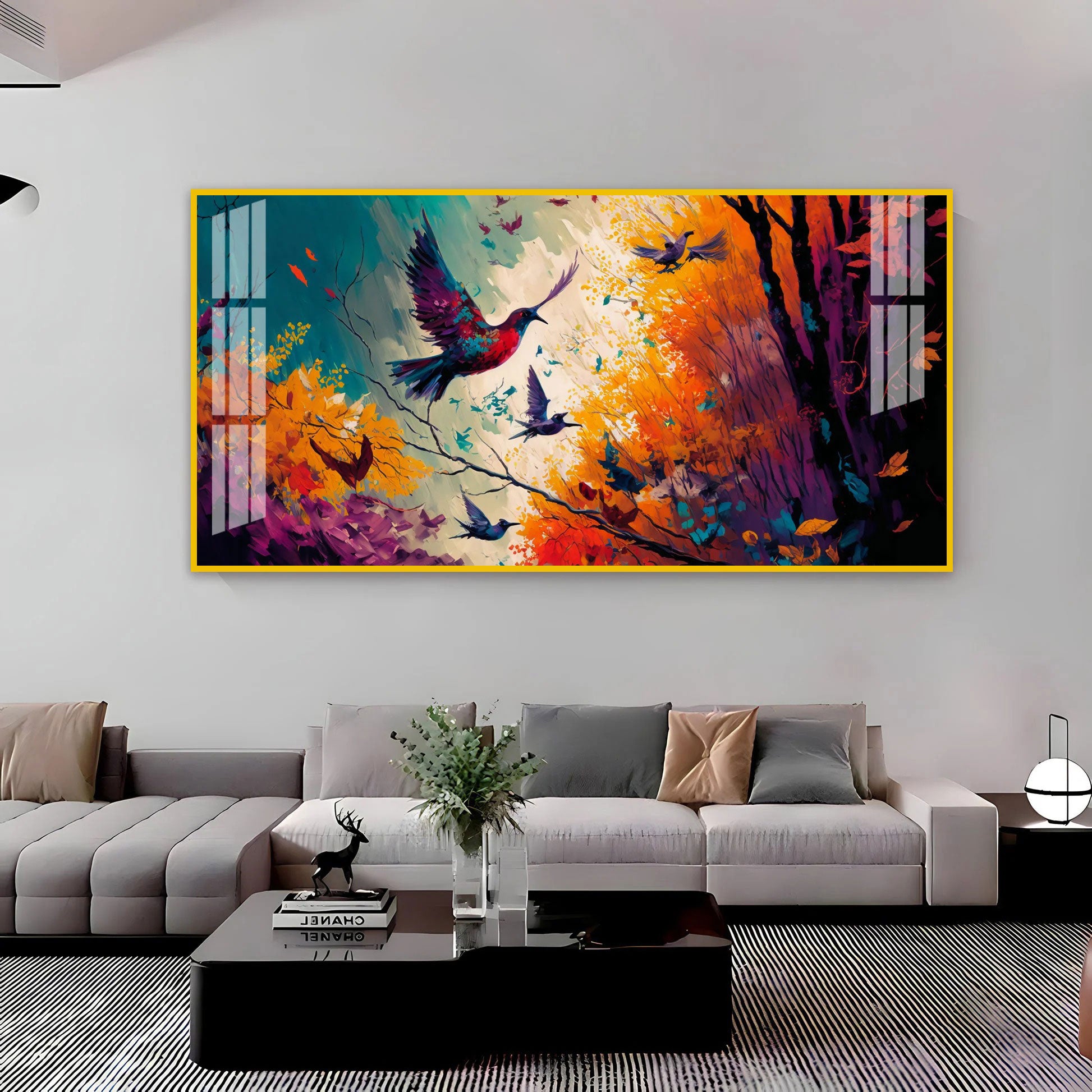 Modern Abstract Birds Acrylic Wall Painting Canvas With Forest And Color Splash Design