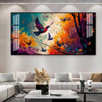 Modern Abstract Birds Acrylic Wall Painting Canvas With Forest And Color Splash Design