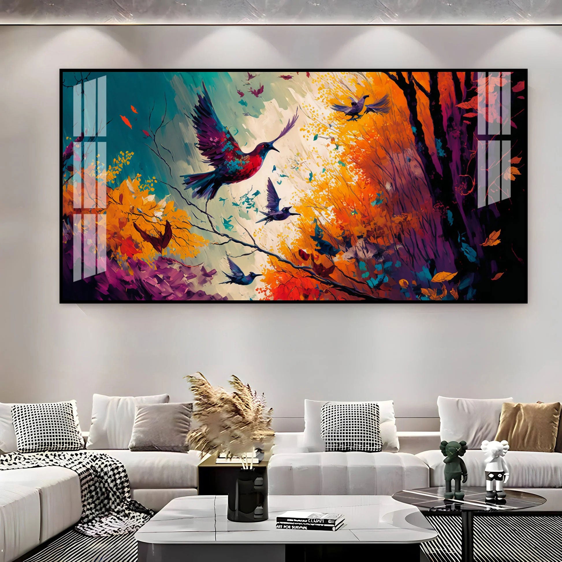 Modern Abstract Birds Acrylic Wall Painting Canvas With Forest And Color Splash Design