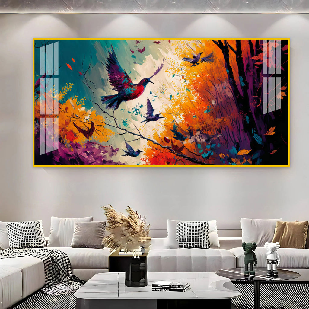 Modern Abstract Birds Acrylic Wall Painting Canvas With Forest And Color Splash Design