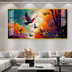 Modern Abstract Birds Acrylic Wall Painting Canvas With Forest And Color Splash Design