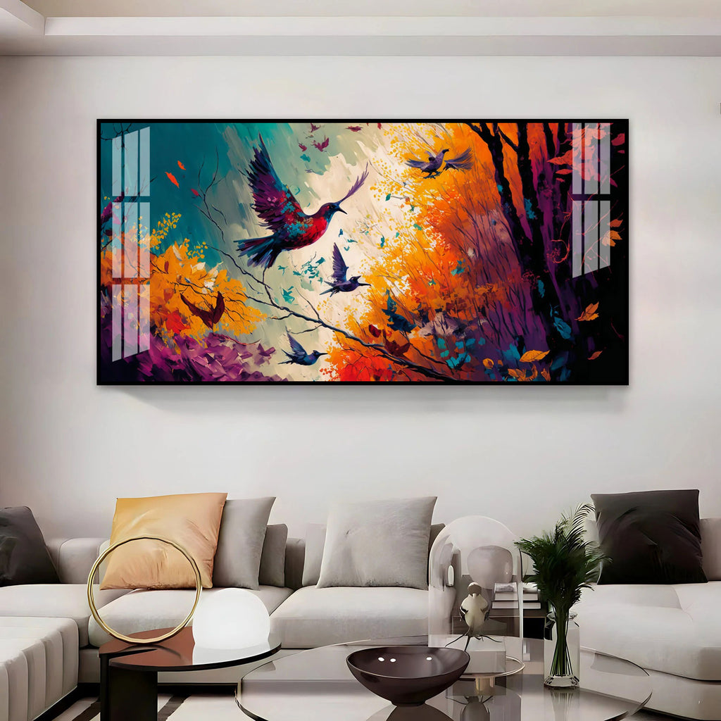 Modern Abstract Birds Acrylic Wall Painting Canvas With Forest And Color Splash Design