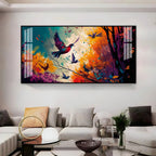 Modern Abstract Birds Acrylic Wall Painting Canvas With Forest And Color Splash Design
