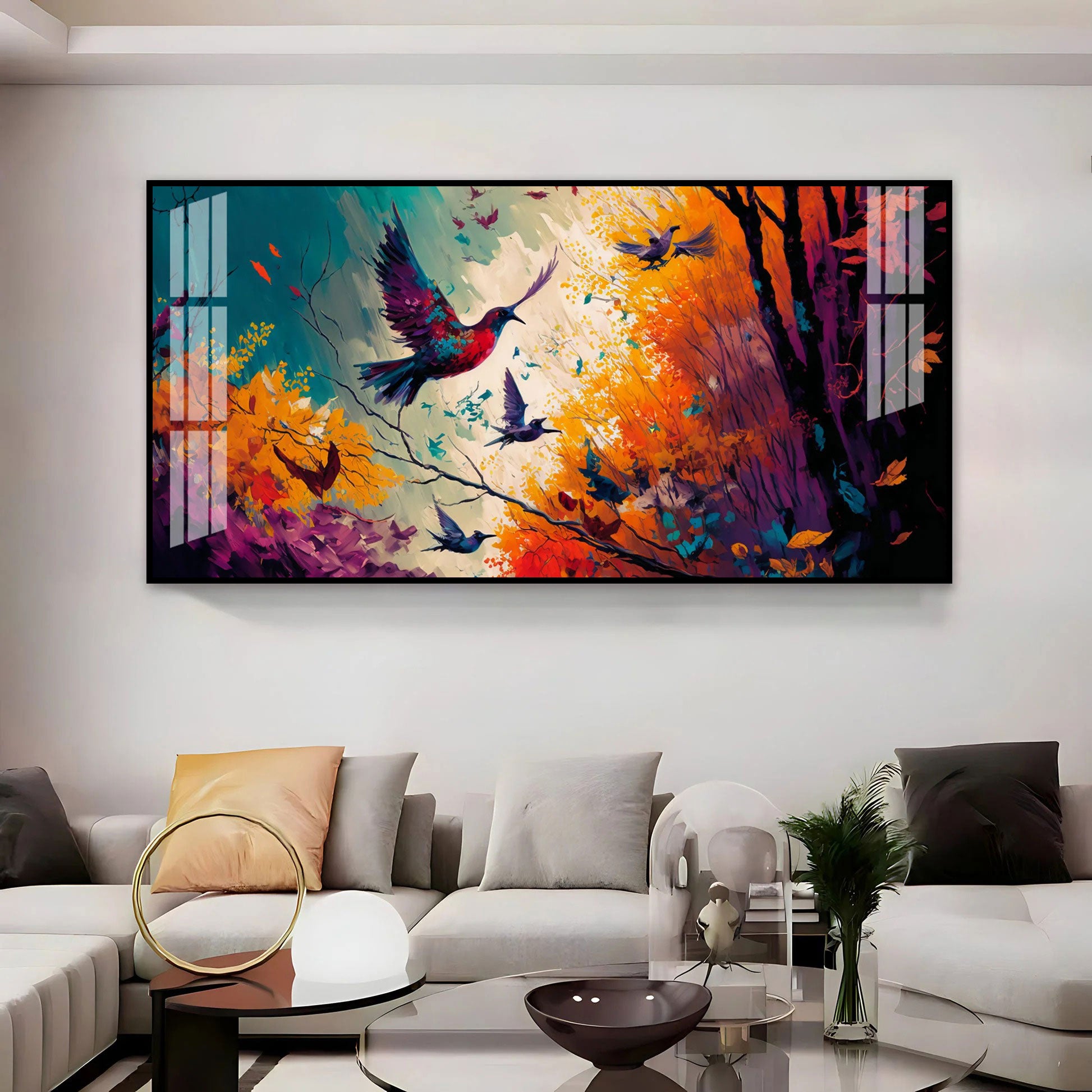 Modern Abstract Birds Acrylic Wall Painting Canvas With Forest And Color Splash Design