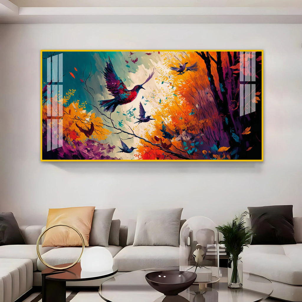 Modern Abstract Birds Acrylic Wall Painting Canvas With Forest And Color Splash Design