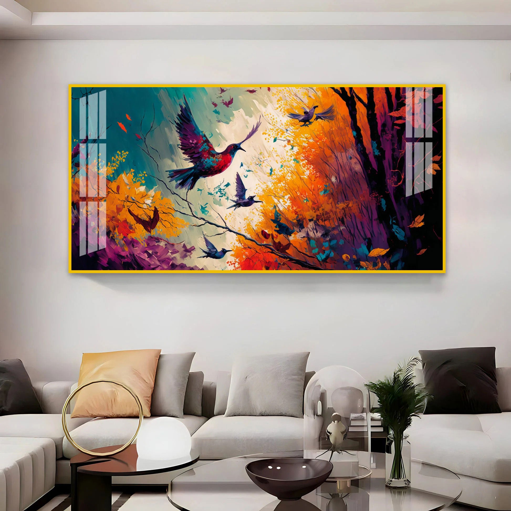 Modern Abstract Birds Acrylic Wall Painting Canvas With Forest And Color Splash Design
