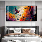 Modern Abstract Birds Acrylic Wall Painting Canvas With Forest And Color Splash Design