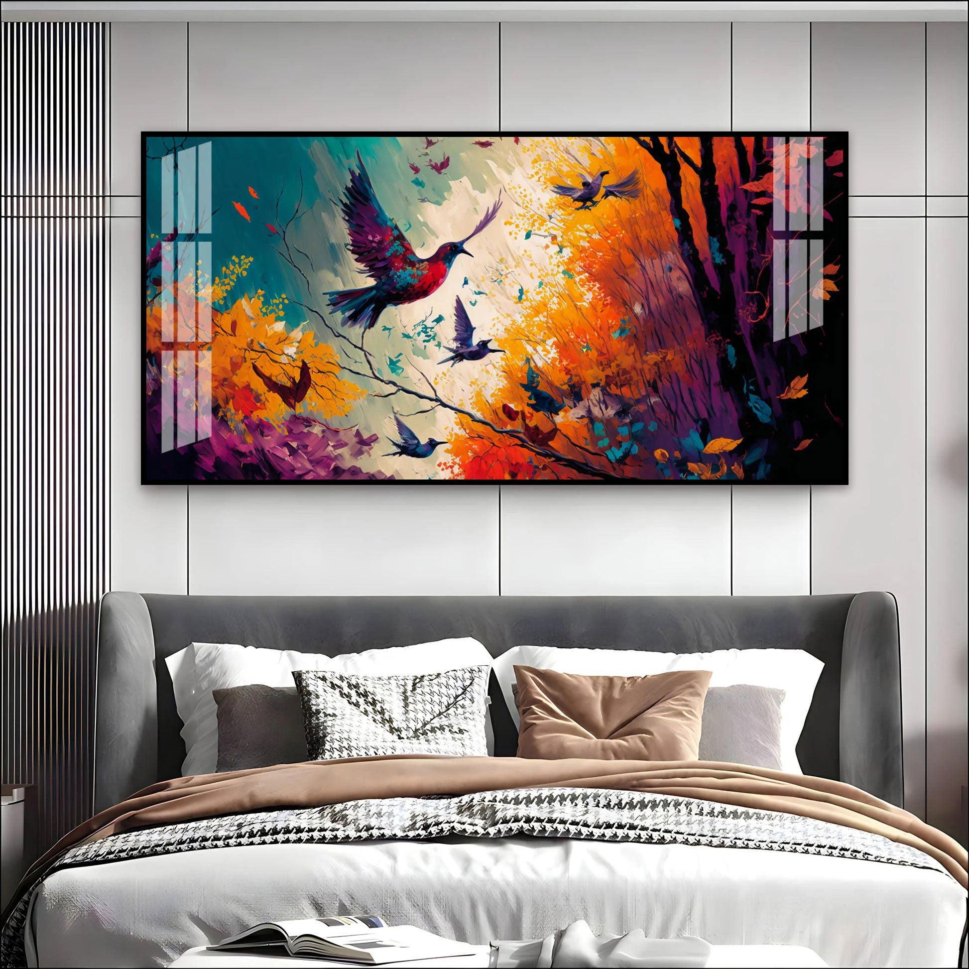 Modern Abstract Birds Acrylic Wall Painting Canvas With Forest And Color Splash Design