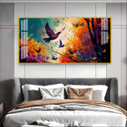 Modern Abstract Birds Acrylic Wall Painting Canvas With Forest And Color Splash Design