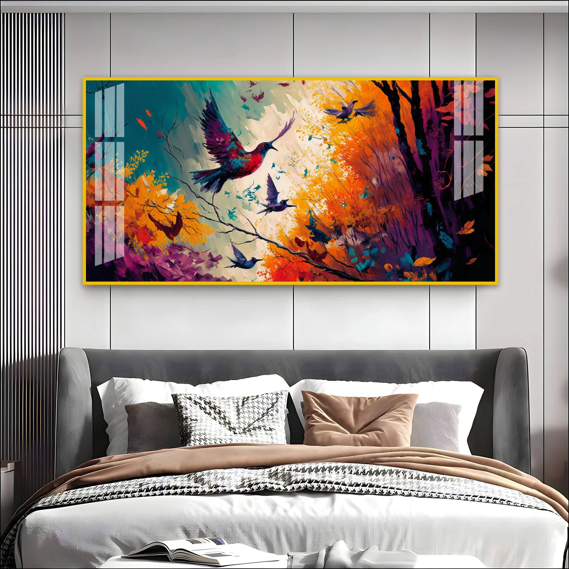 Modern Abstract Birds Acrylic Wall Painting Canvas With Forest And Color Splash Design
