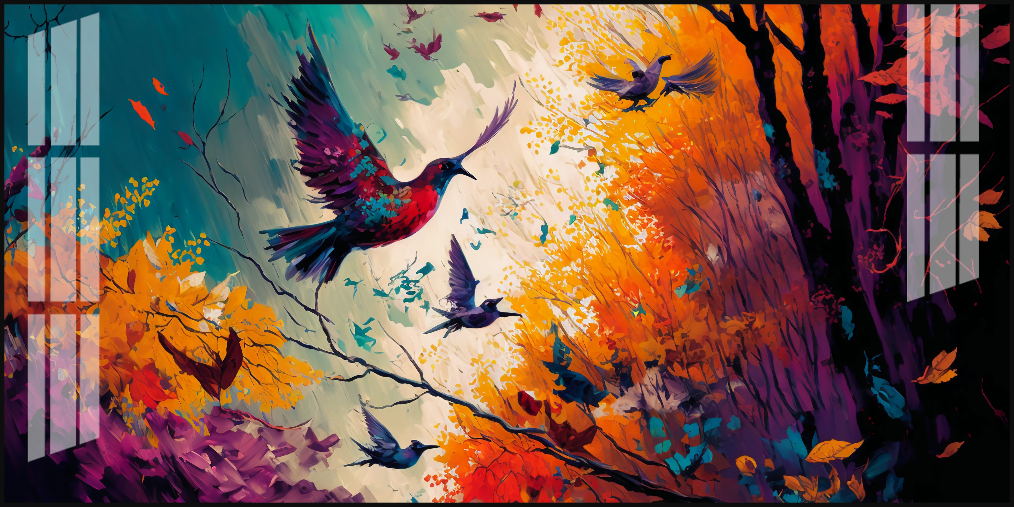 Modern Abstract Birds Acrylic Wall Painting Canvas With Forest And Color Splash Design