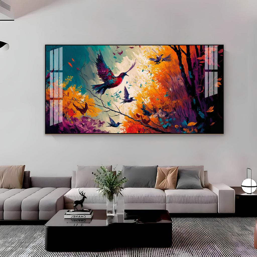 Modern Abstract Birds Acrylic Wall Painting Canvas With Forest And Color Splash Design