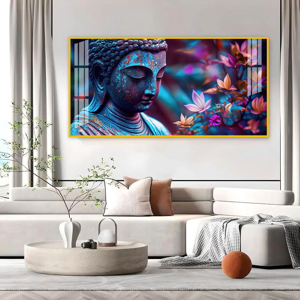 Modern Buddha Acrylic Wall Art Canvas With Colorful Flowers And Abstract Art Style