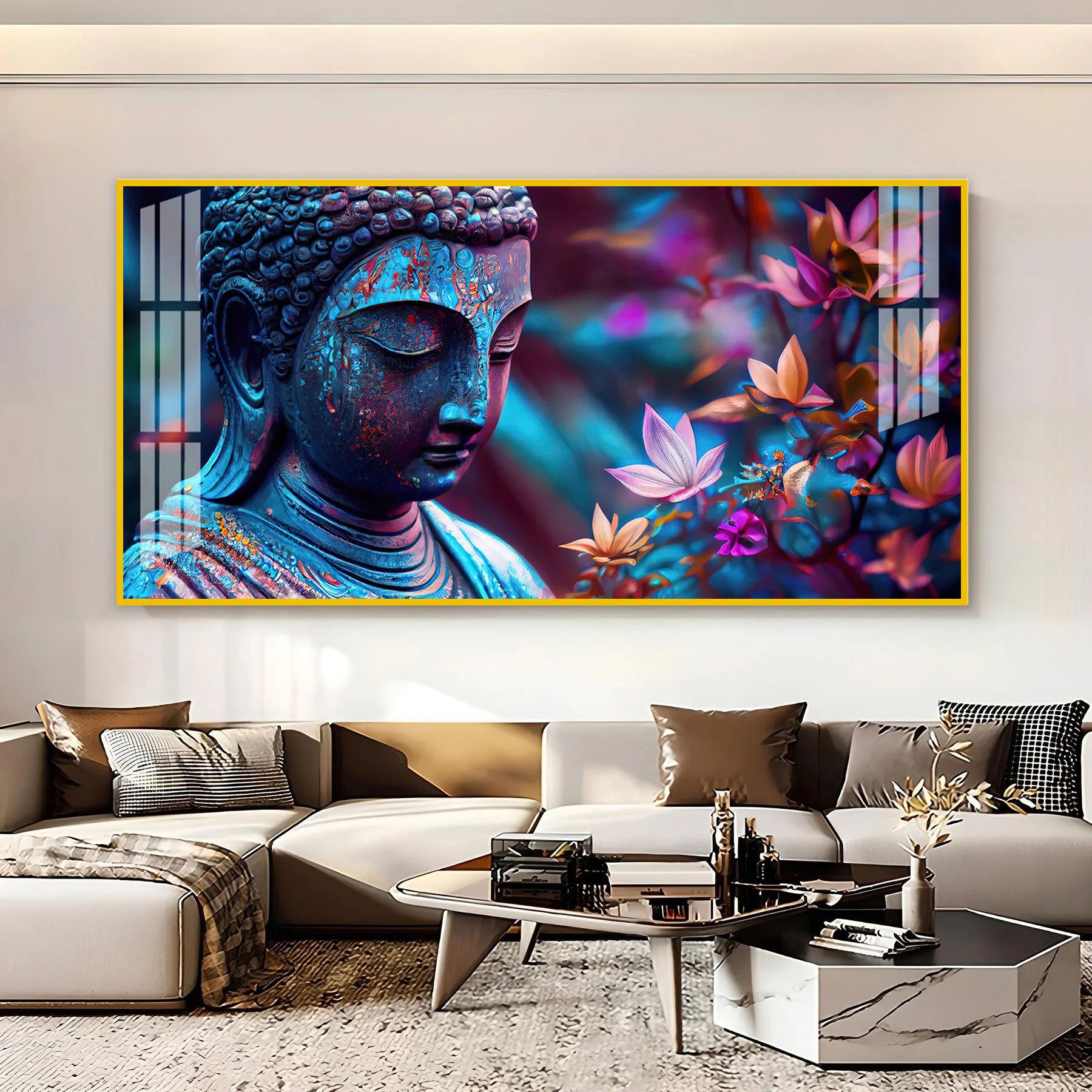 Modern Buddha Acrylic Wall Art Canvas With Colorful Flowers And Abstract Art Style