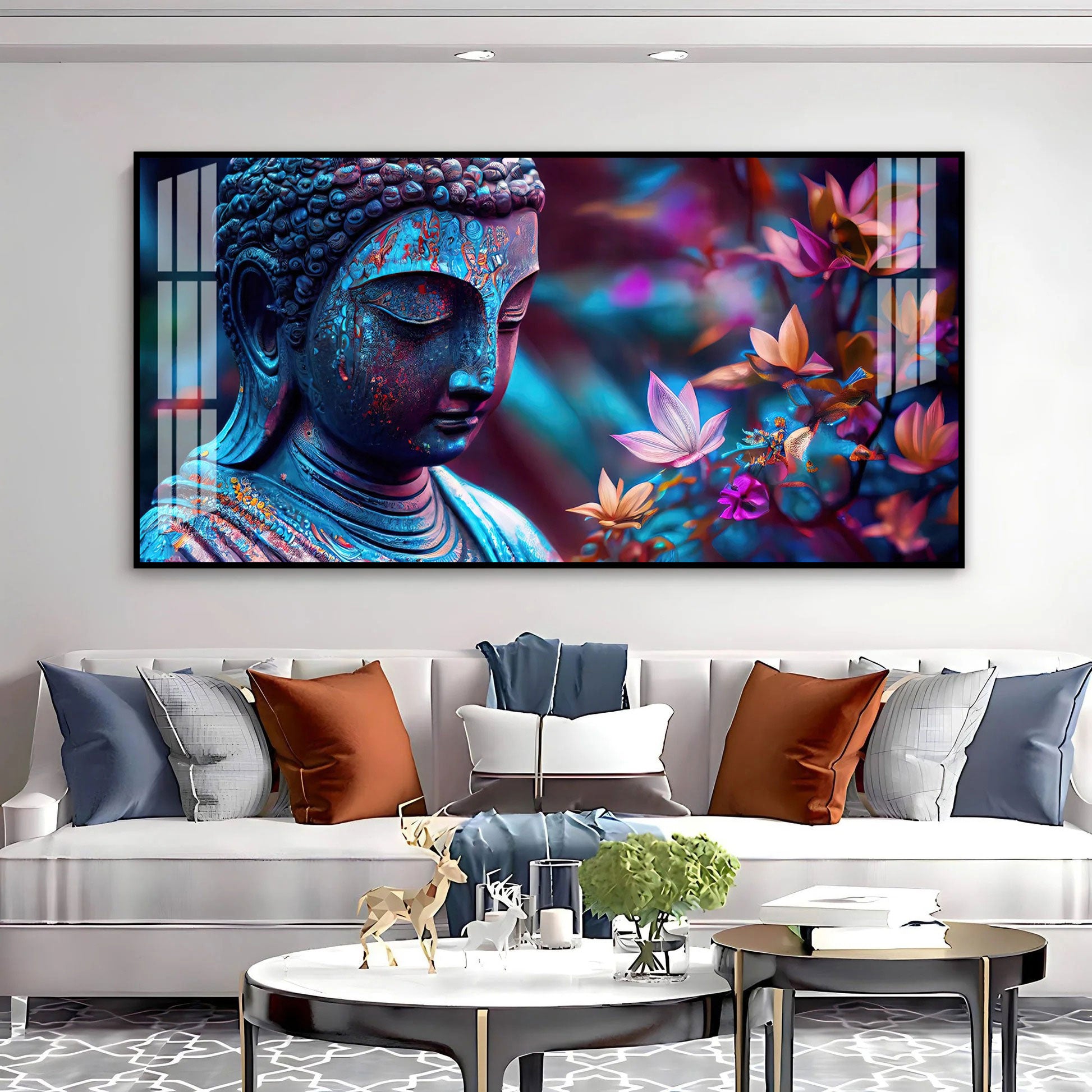 Modern Buddha Acrylic Wall Art Canvas With Colorful Flowers And Abstract Art Style
