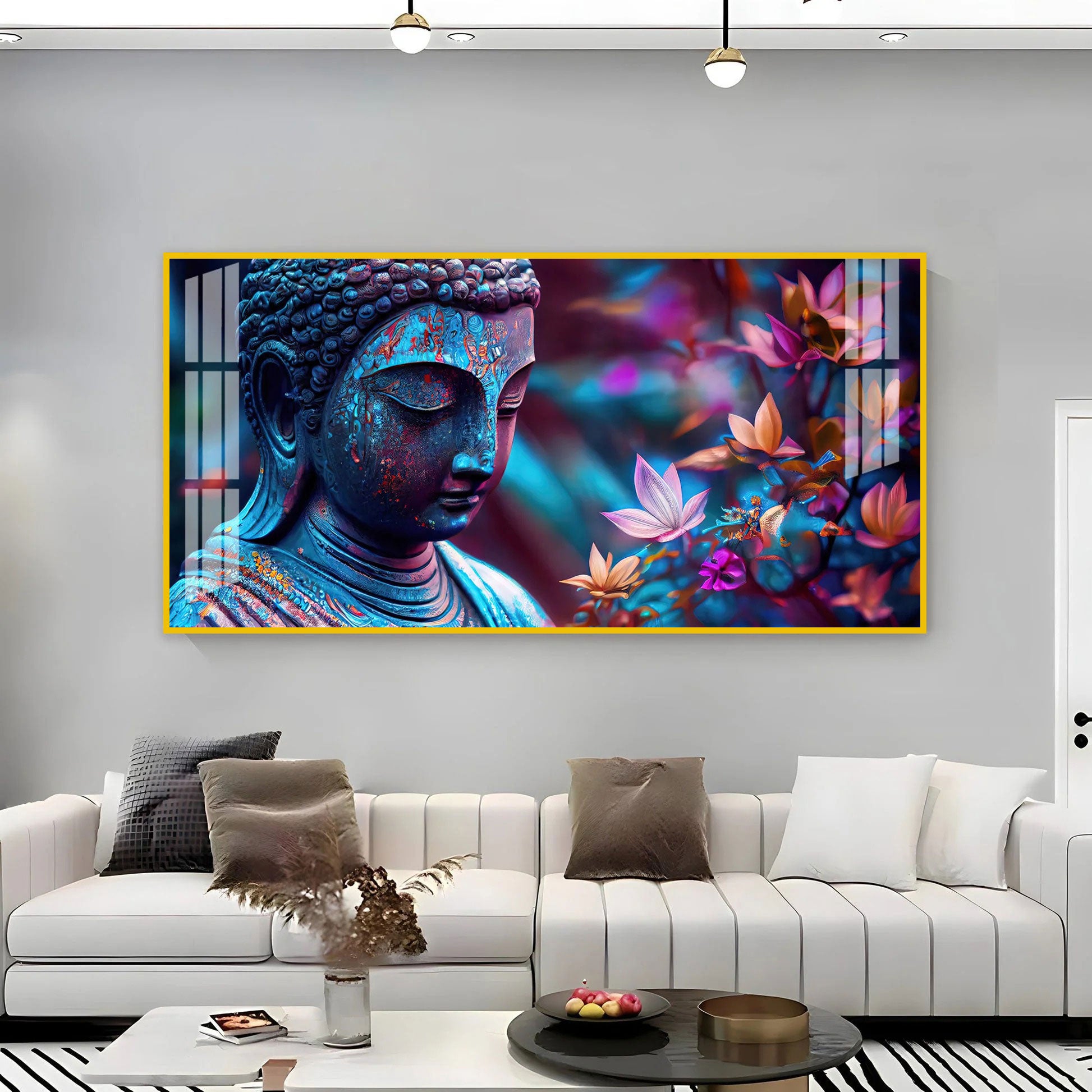 Modern Buddha Acrylic Wall Art Canvas With Colorful Flowers And Abstract Art Style