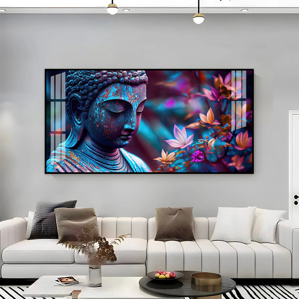 Modern Buddha Acrylic Wall Art Canvas With Colorful Flowers And Abstract Art Style