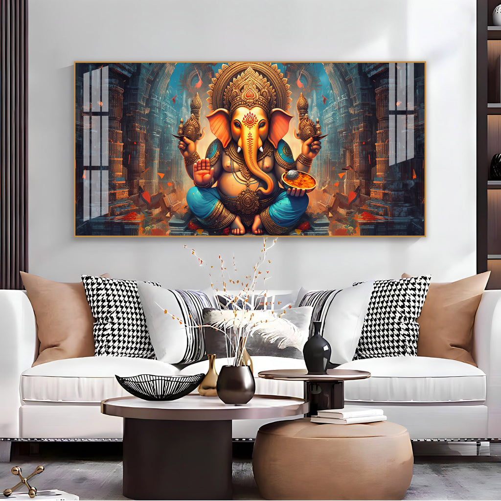 Elegant Ganesha Acrylic Wall Art Canvas With Spiritual Temple And Divine Design