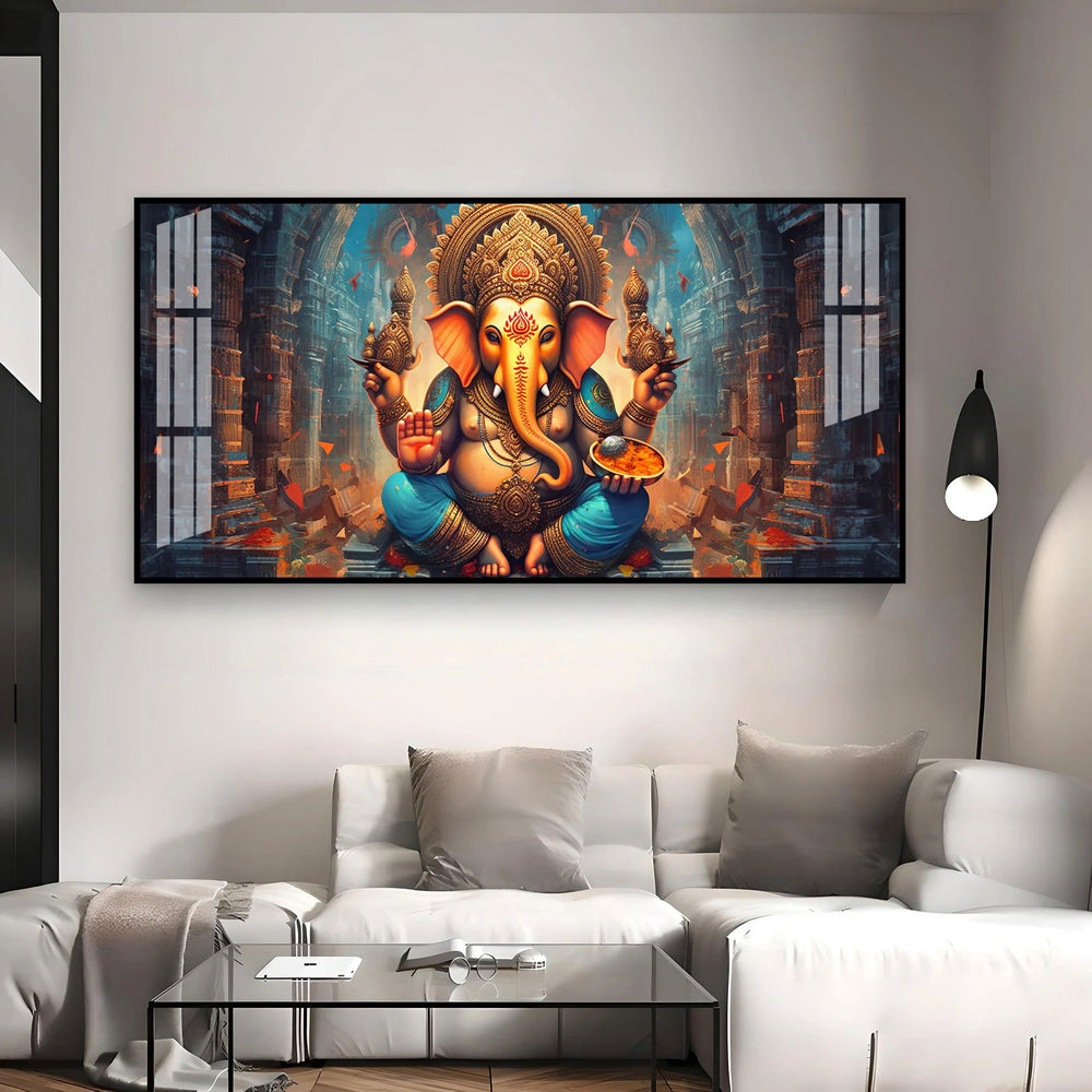 Elegant Ganesha Acrylic Wall Art Canvas With Spiritual Temple And Divine Design