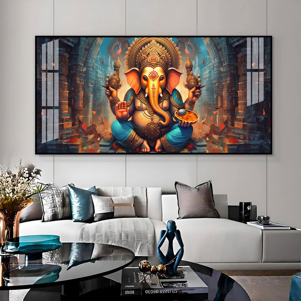 Elegant Ganesha Acrylic Wall Art Canvas With Spiritual Temple And Divine Design