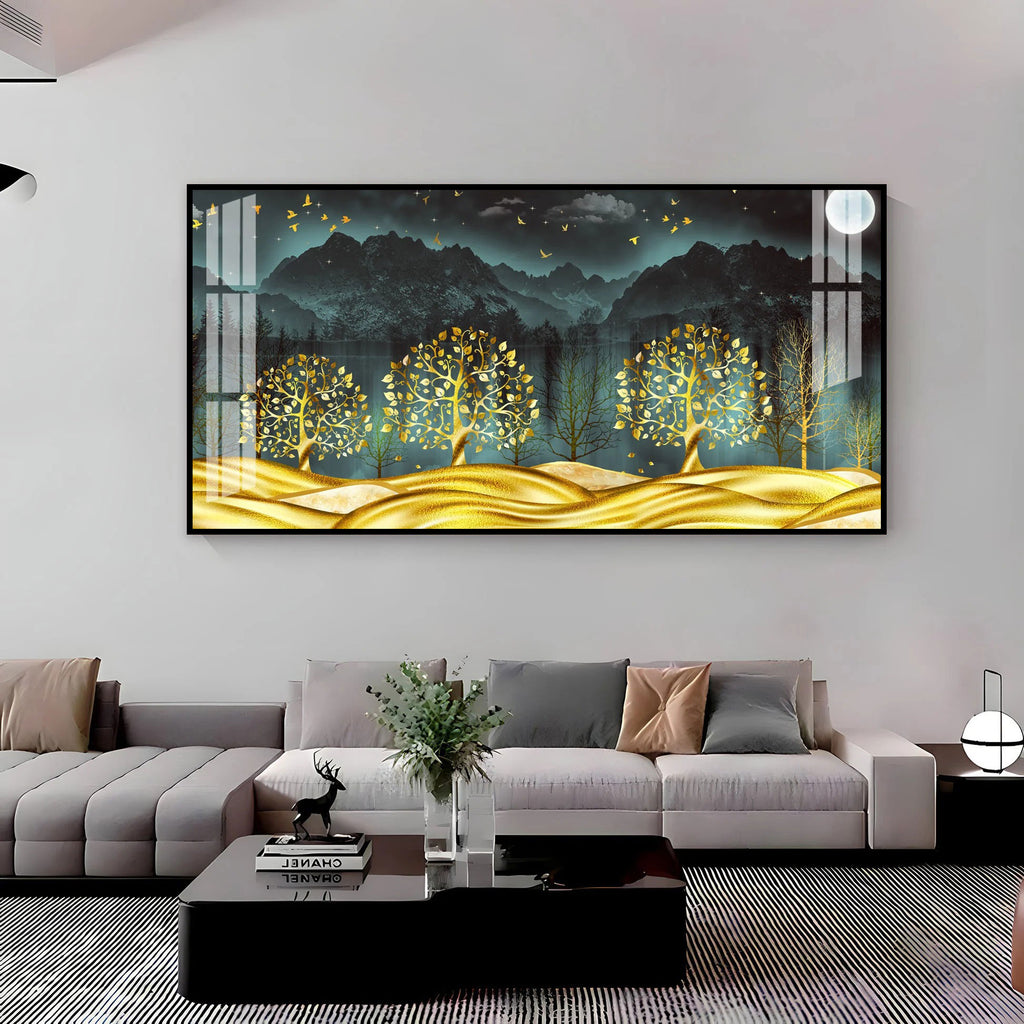 Stylish Golden Forest Acrylic Wall Art Canvas With Mountain And Nature Theme