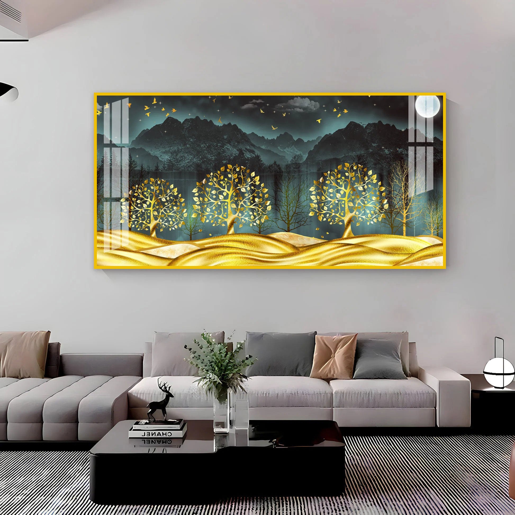 Stylish Golden Forest Acrylic Wall Art Canvas With Mountain And Nature Theme