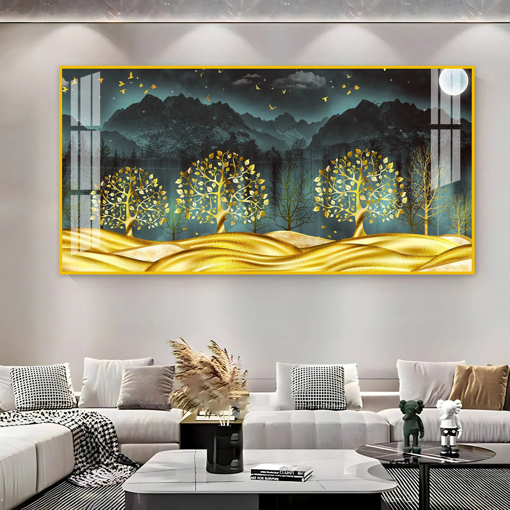 Stylish Golden Forest Acrylic Wall Art Canvas With Mountain And Nature Theme