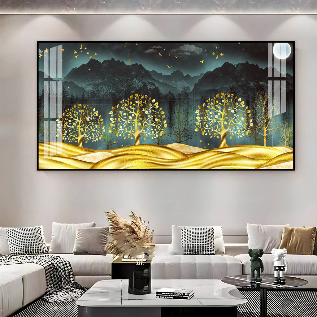 Stylish Golden Forest Acrylic Wall Art Canvas With Mountain And Nature Theme