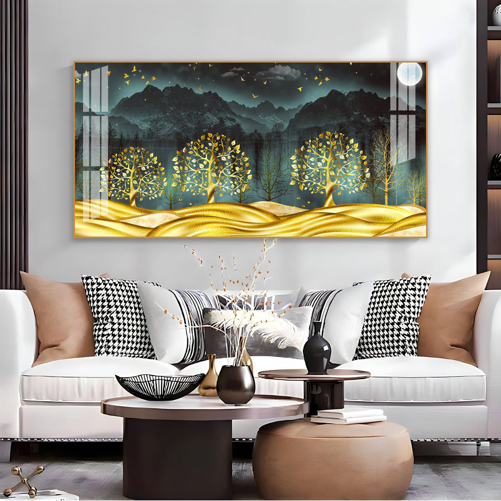 Stylish Golden Forest Acrylic Wall Art Canvas With Mountain And Nature Theme