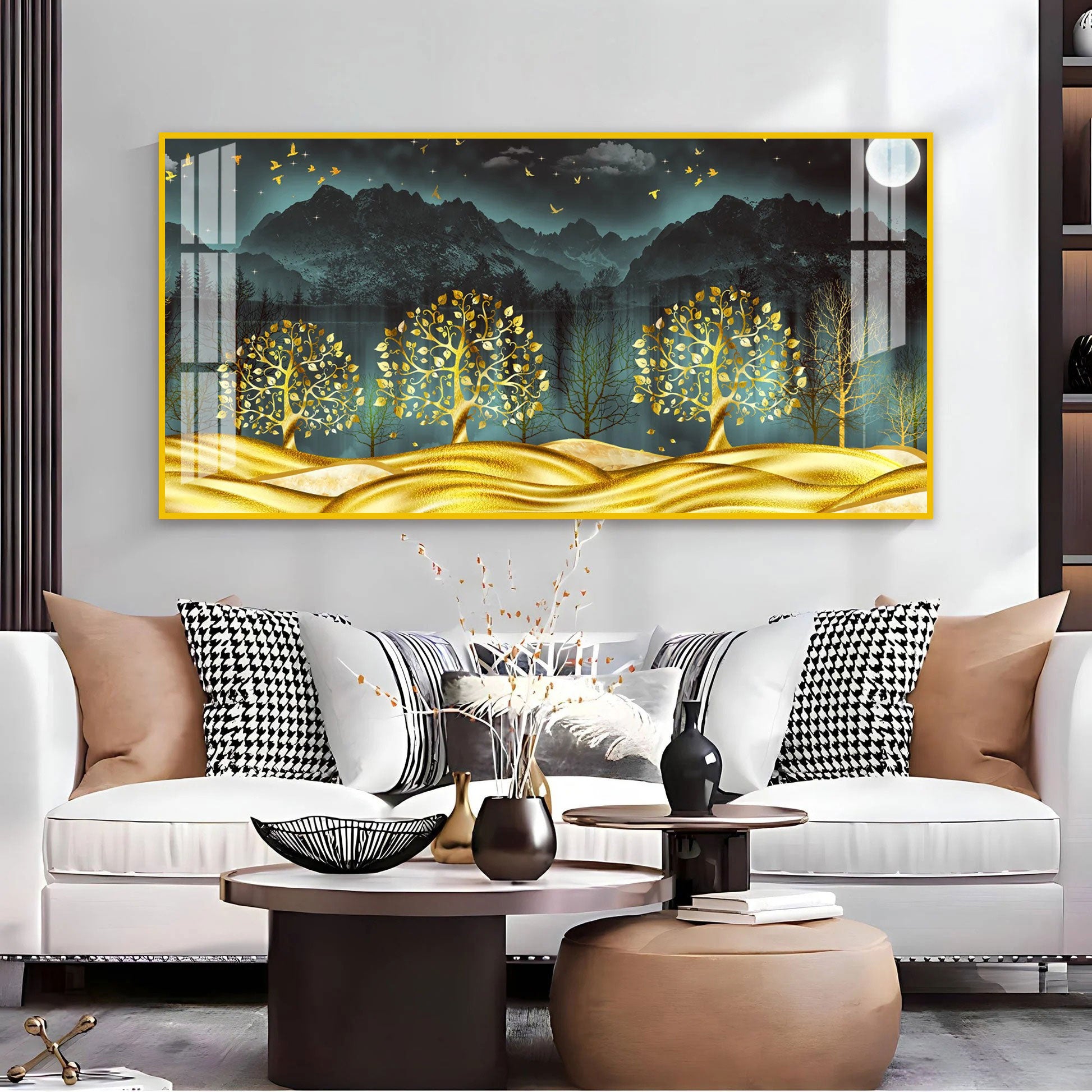 Stylish Golden Forest Acrylic Wall Art Canvas With Mountain And Nature Theme