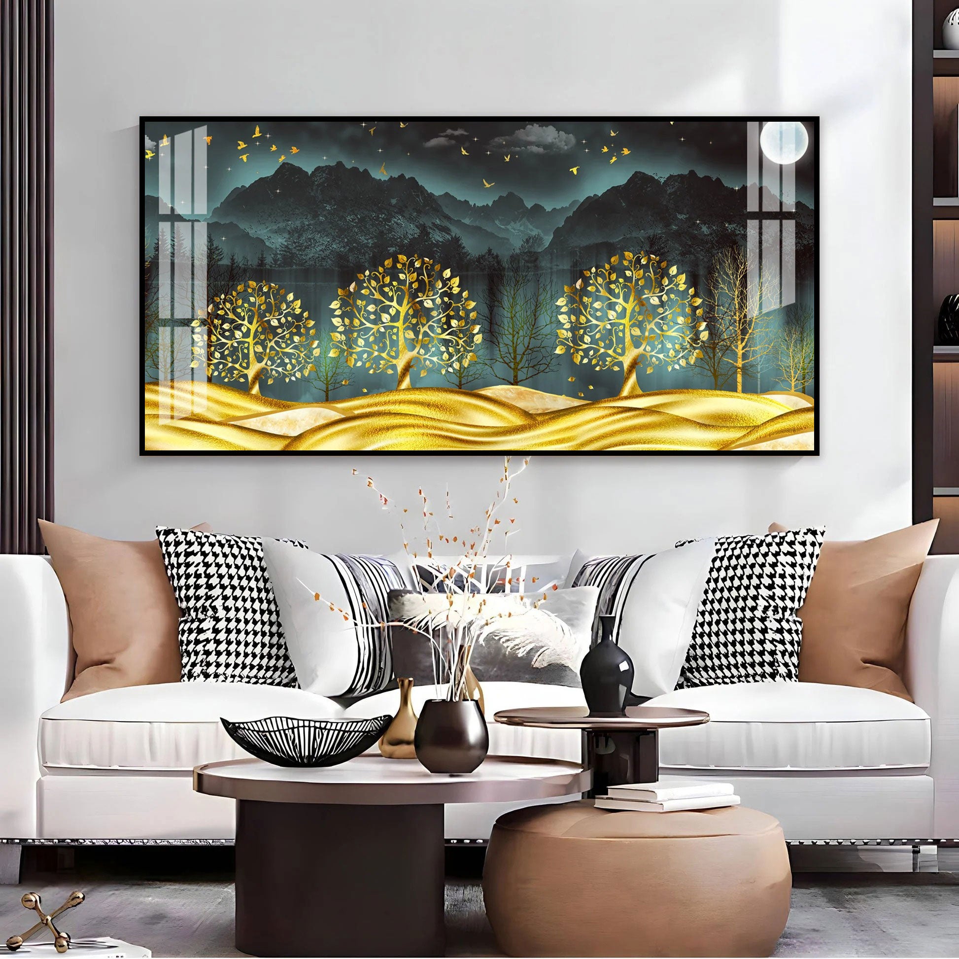 Stylish Golden Forest Acrylic Wall Art Canvas With Mountain And Nature Theme