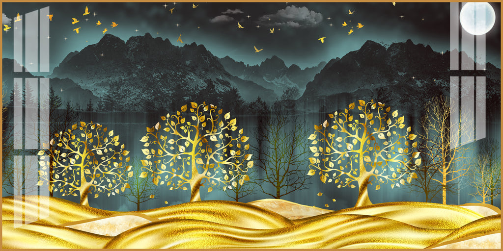 Stylish Golden Forest Acrylic Wall Art Canvas With Mountain And Nature Theme