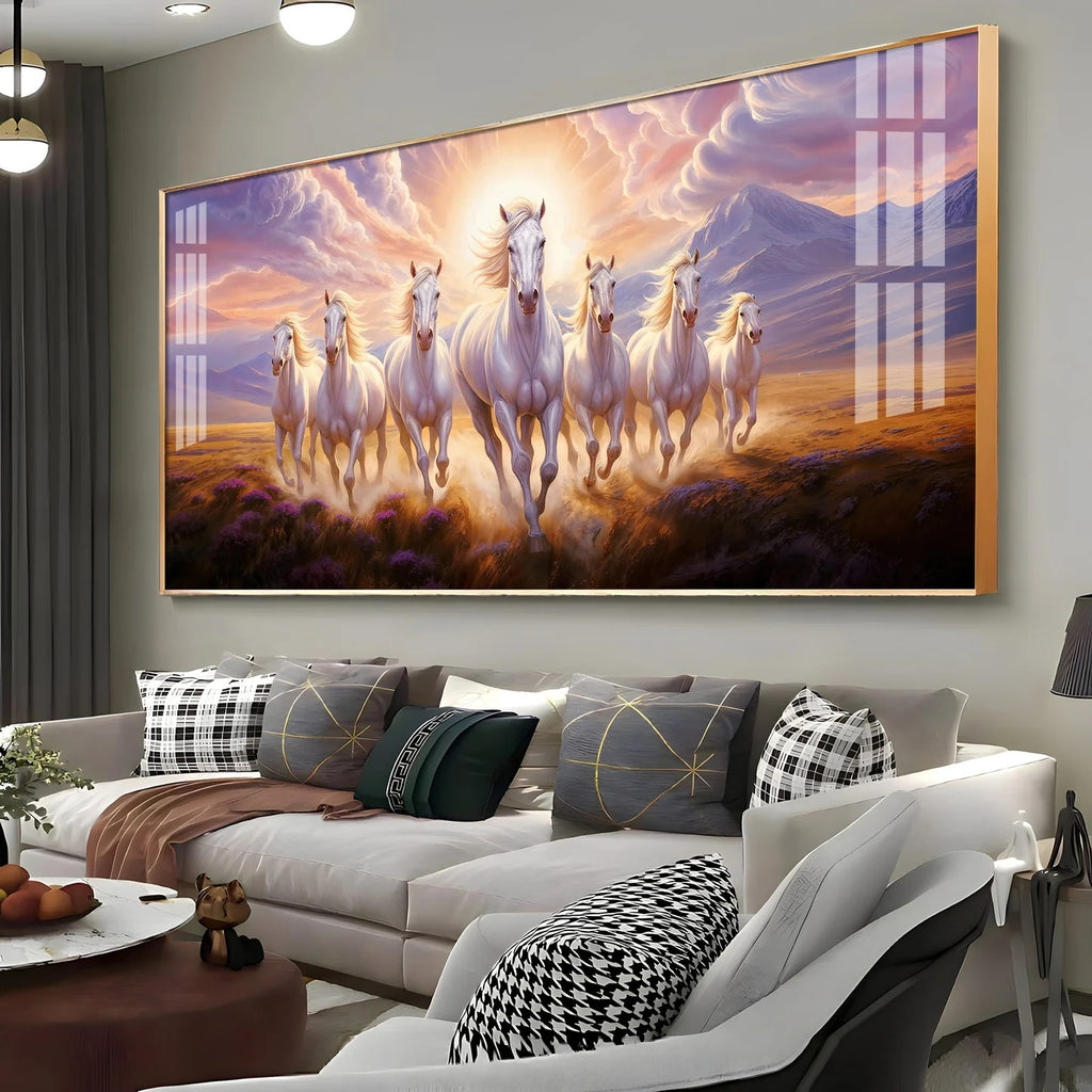 Seven Horse Vastu Painting for Home – White Horses Acrylic Wall Art for Prosperity & Growth