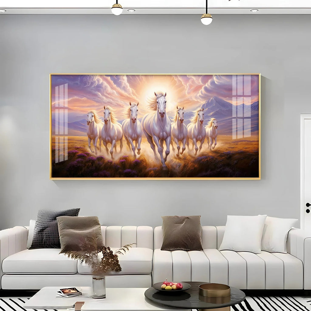 Seven Horse Vastu Painting for Home – White Horses Acrylic Wall Art for Prosperity & Growth