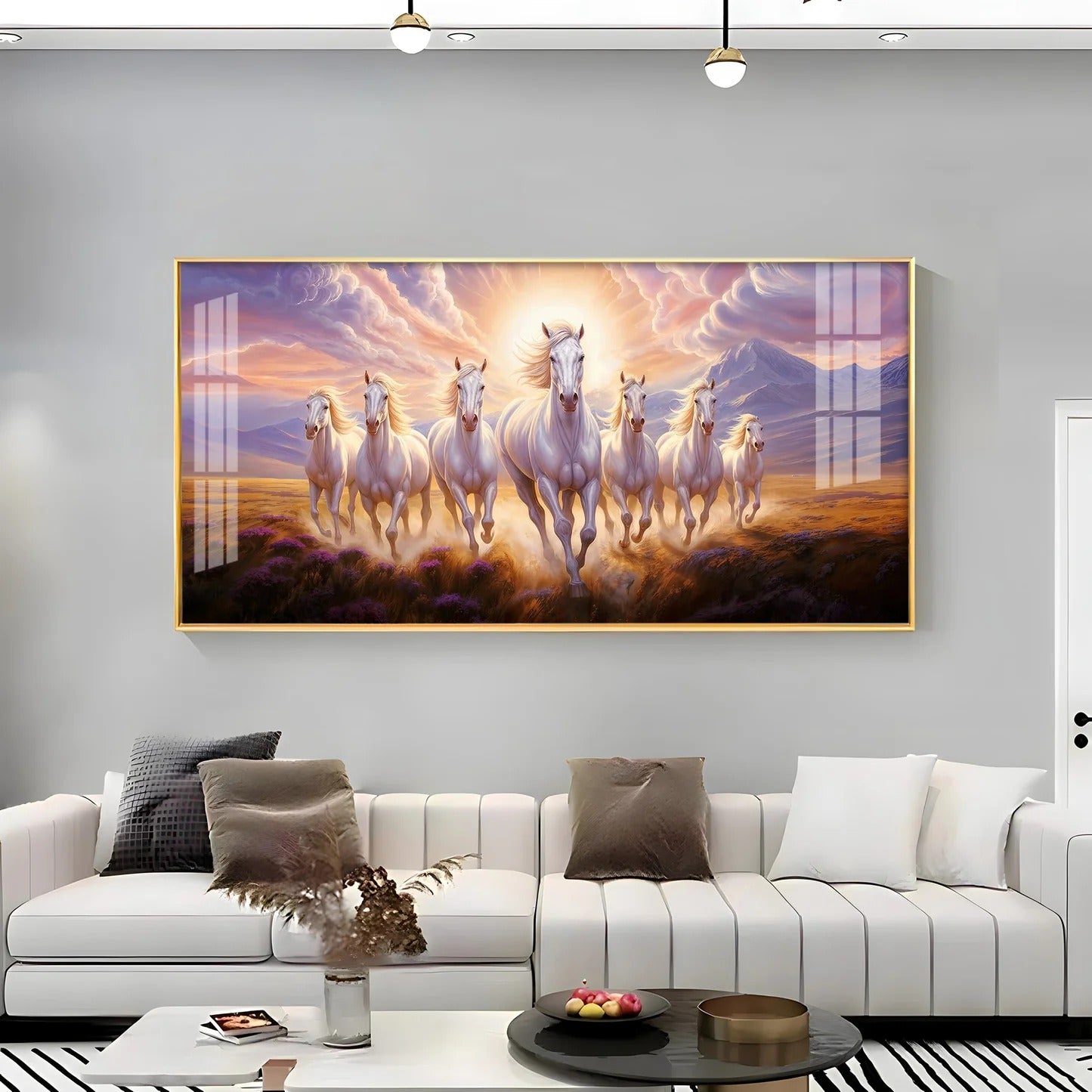 Seven Horse Vastu Painting for Home – White Horses Acrylic Wall Art for Prosperity & Growth