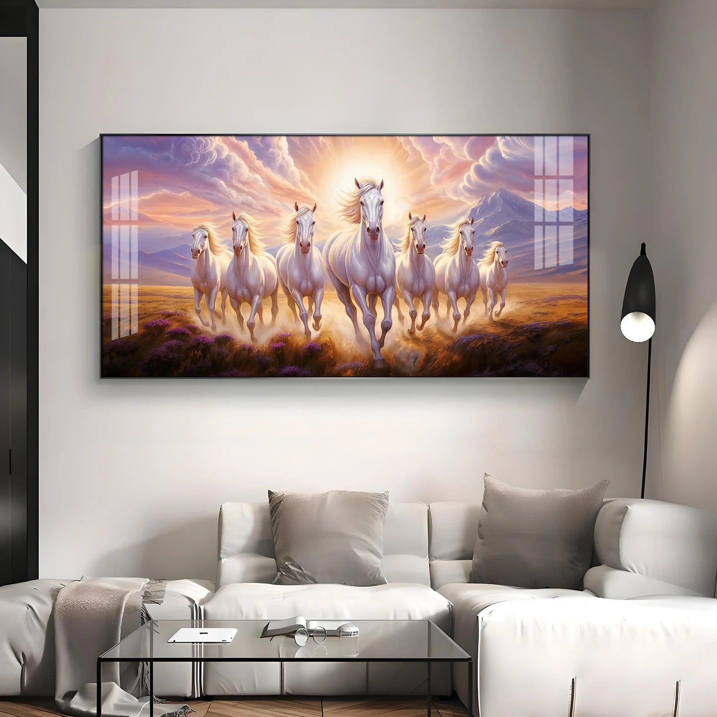 Seven Horse Vastu Painting for Home – White Horses Acrylic Wall Art for Prosperity & Growth